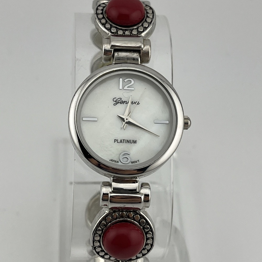 Geneva Platinum Watch Women 28mm Case MOP Dial Bangle Red Accents- New Battery